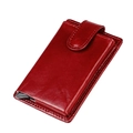 Red genuine leather card wallet with pop-up aluminum credit card holder and button closure - Red
