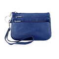 Dark blue pebbled leather wristlet wallet with three zipper pockets and keychain - Sapphire Blue