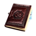 Vintage handgefertigtes Notizbuch aus dunkelbraunem Leder mit geprägter Rose und Keltenknoten - Kaffeebraun