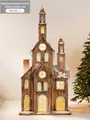Rustic wood church Christmas decoration with warm lights and snow finish 100cm - Natural Wood Church House (ABXW3-2) / Large