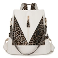 Zaino alla moda con stampa leopardata in pelle PU crema e dettagli dorati - Bianco perla