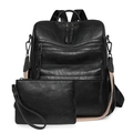 Macro detail of black PU leather backpack and matching pouch with vintage litchi texture - Black