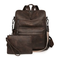 Detail of dark brown vintage faux leather backpack set with ethnic woven strap and clutch - Textured Coffee