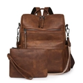 Retro brown PU leather backpack set with large capacity and matching wristlet clutch - Two-tone Brown Coarse Grain