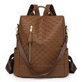 Zaino antifurto da donna in pelle PU marrone con trama intrecciata e zip dorate - caffè