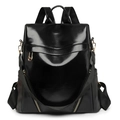 Glossy black PU leather backpack with minimalist fold-over flap and pleated front detail - Black