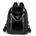 Large black glossy leather backpack with multiple gold zippers and adjustable straps - Black