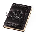Handmade brown leather journal featuring embossed rose and celtic knot design with strap - Dark Coffee