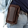 Dark brown crazy horse leather phone holster with belt loop and bronze D-ring detail - Coffee