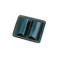 Dark blue crazy horse leather pen case with double slots and yellow stitching - Blue
