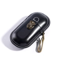 Premium Brillenetui aus schwarzem Leder mit Vintage Messingknopf und weißer Ziernaht - Schwarz