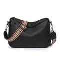 Black pebble leather saddle bag with wide colorful geometric pattern woven strap - Black