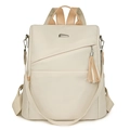 Zaino antifurto in nylon beige per donna con nappa bicolore e dettagli metallici chic - Bianco Sporco