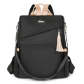 Zaino da donna in nylon nero impermeabile con finiture in pelle marrone e nappina elegante - Nero