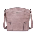 Detailed close-up of pink PU leather handbag featuring geometric metal buckle and studs - Pink