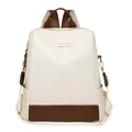 Mochila elegante de tela Oxford beige y marrón con detalles de metal dorado - Blanco & Café