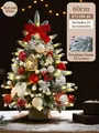 Albero di Natale innevato da 60cm con fiocchi rossi, luci a LED e base in tela di iuta - 60cm Rosso & Bianco Set
