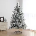 180cm flocked Christmas tree with snow effect, pine cones, and black metal stand - Mixed Leaf Snow B Style / 180cm