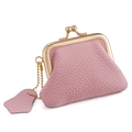 Pale pink genuine leather coin purse with classic golden kiss-lock and lychee texture - Pink