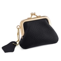 Mini black pebble leather coin purse with a gold kiss-lock closure and matching leather tag - Black
