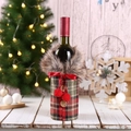 Christmas red wine bottle cover with red-green plaid pattern and faux fur collar - Large Plush Ball Red Plaid (G-JT101)