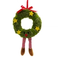 Plush Christmas wreath ornament with elf legs and stars hanging on a white background - Green