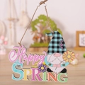 Targa in legno pasquale con gnomo Happy Spring e cappello a scacchi da appendere - Stile Alfabeto Gnomo di Primavera (P-M137)