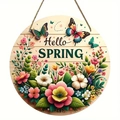Targa rotonda in legno Hello Spring con fiori e farfalle per decorazione giardino - Pendaglio in Legno Fiori di Primavera 20CM