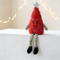 Detail van de pluche kerstboompop met lange gestreepte benen en zacht rood bontmateriaal - Rode Kerstboom Pop Ornament