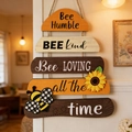 Macro detail of wooden bee sign with bee kind slogans and sunflower decoration - Bee Day Hanging Sign Model B (Bee Humble)