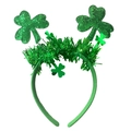 Sparkly green St. Patrick's Day headband featuring tinsel and large shamrock clover toppers - Small Shamrock Shiny Fabric Headband