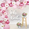 Arco de globos rosa y dorado con letrero Oh Baby y mariposas para decoración de fiestas - Blanco