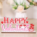 Pink flamingo Happy Valentine's Day wooden tabletop sign with hearts and dark wood base - HAPPY Style