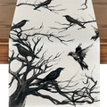Halloween linnen tafelloper met kraai en droge boom print op een rustieke houten tafel - Kraai en Dode Boom Stijl