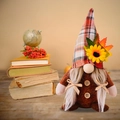 Detailed view of fall gnome plush decoration with sunflower and maple leaf on plaid hat - Braid Style
