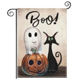 Halloween Gartenfahne mit Kürbis, Geist und schwarzer Katze auf Sackleinen mit Ständer - Stil 1