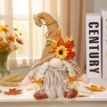 Thanksgiving-Gnom Plüsch mit Ahornblättern und Sonnenblume auf Jutemütze für Herbstdeko - LED Gnom Weiblich (Beiger Hut)