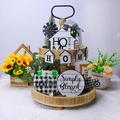 Décoration de plateau à étages style ferme en bois avec motifs à carreaux noir et blanc - Style Carreaux Buffalo (A25-002)