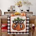 Herbst Thanksgiving Tischläufer mit Kürbis und schwarz-weißem Karomuster Schleife - 183x33cm / Stil A Tischläufer