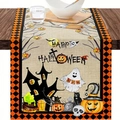 Halloween table runner with Happy Halloween prints and skull motifs on wooden table - Cartoon Pumpkin Ghost Table Runner