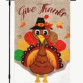 Give Thanks Thanksgiving garden flag with turkey and pumpkin on linen fabric - Give Thanks Turkey Style (Q)