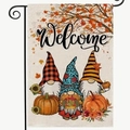 Autumn garden flag with gnomes and pumpkins, Welcome sign on burlap fabric - Welcome Fall Gnomes Pumpkin Style (H)