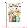 Bandera de jardín Hello Spring con flores en tarros sobre lino para decoración exterior - Bandera Jardín Botellas Coloridas Primavera