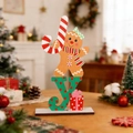 Wooden Christmas gnome gingerbread man ornament with candy cane and gift box decor - Gingerbread Man with Candy Cane (JOY)