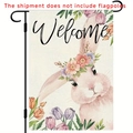 Bandera de jardín de lino con conejo de Pascua, corona de flores y diseño Welcome - Bandera Jardín Orejas de Conejo Ramo