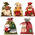 5-piece set of linen Christmas drawstring gift bags with plush Santa and Reindeer figures - 5 Styles Combo (Custom Style) / 5 Pieces