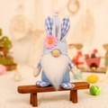 Easter gnome plush doll with rabbit ears and blue knitted hat sitting on wooden bench - Male Blue White Plaid Style (L-FH82)