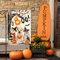 Halloween Gartenfahne mit Hunden und Kürbissen auf einer rustikalen Steinterrasse - Drei Halloween Hunde Stil (Stil 5)