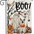 Nahaufnahme der Halloween Gartenflagge mit Leinentextur, Boo-Text und Geist-Kürbis-Motiven - Stil 2
