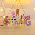 Osterdeko Holzschild Happy Spring mit Karo-Buchstaben, Gnom und Hasenfiguren - P-m130 Spring Holzanhänger